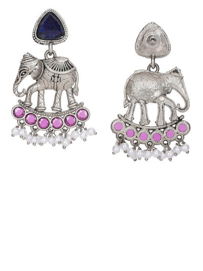Oxidised silver-tone elephant motif necklace set with green, blue, and pink stones, pearl-style bead drops, and matching earrings