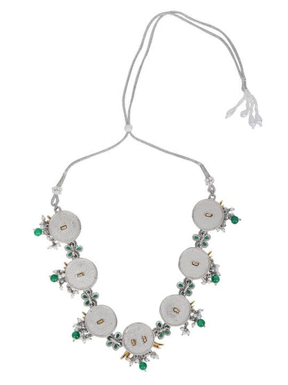 Oxidised silver-tone necklace set with gold-tone bird motifs, green enamel flowers, green bead drops, and matching earrings