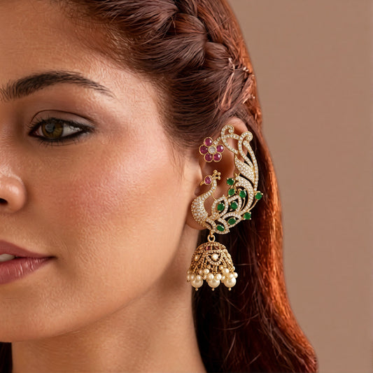 Zircon Peacock Cuff Earrings with Jhumka
