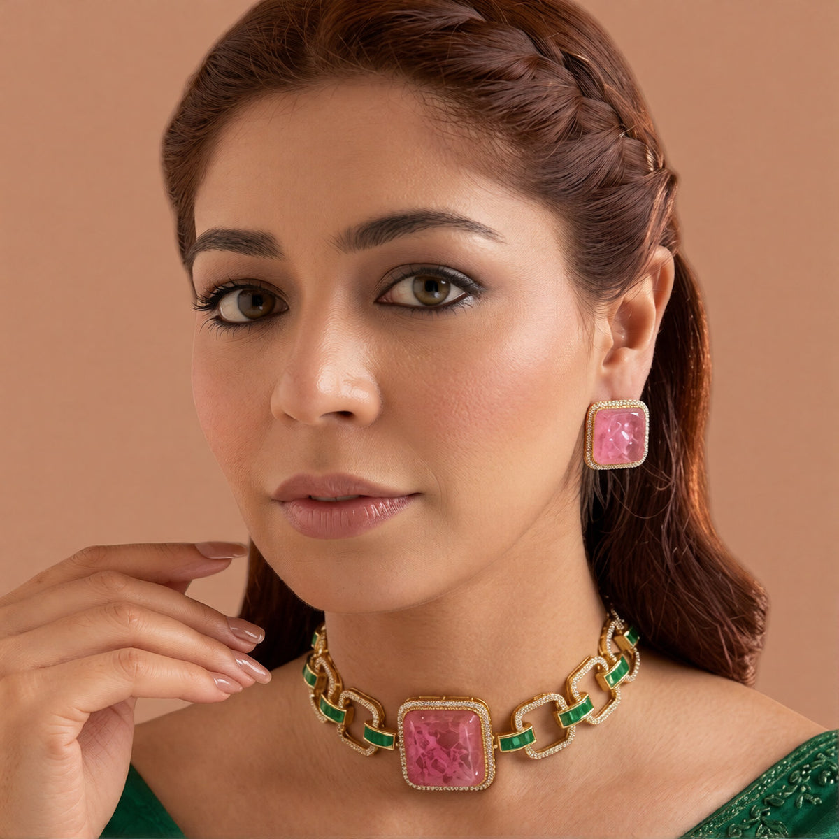 Gold plated choker necklace set with large square pink stone, green baguette stone links and matching pink stud earrings