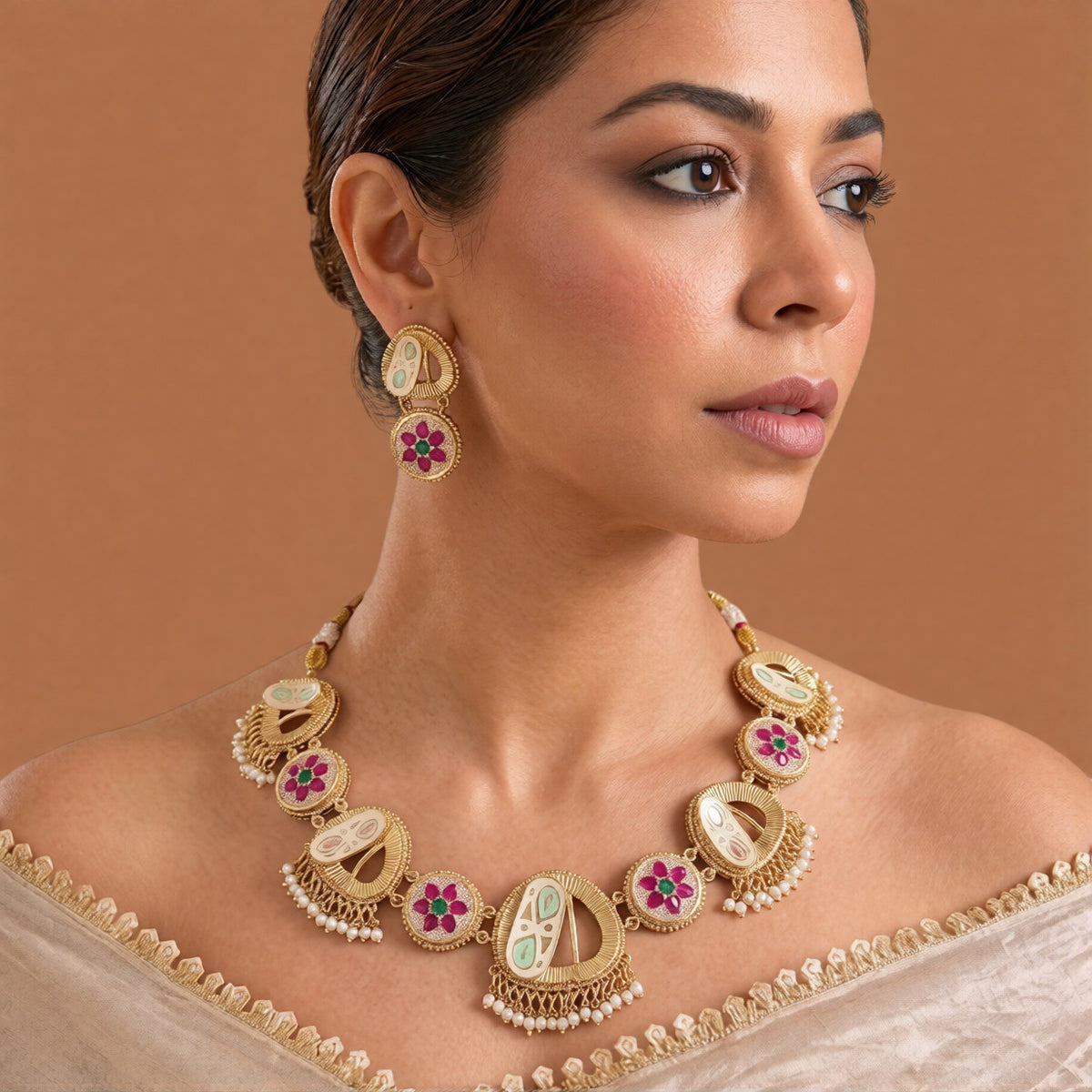Antique gold heritage meenakari necklace set with mint green and peach enamel crescents, ruby-pink and emerald-green floral stone medallions, pearl fringe drops and matching earrings