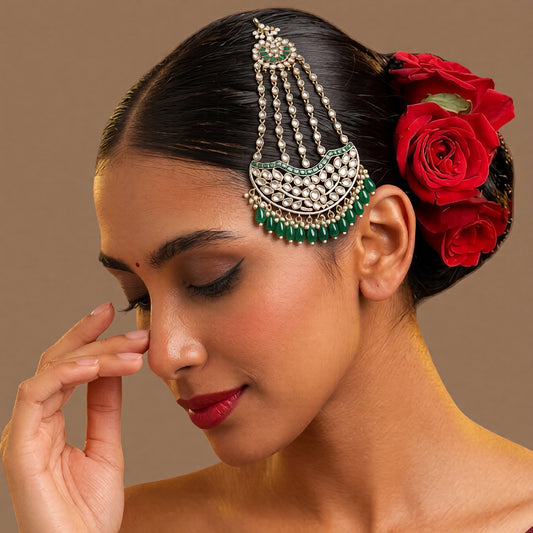 Antique gold-finish kundan passa with five stone strands, emerald-green stones, green drop beads, and pearl-style bead hangings