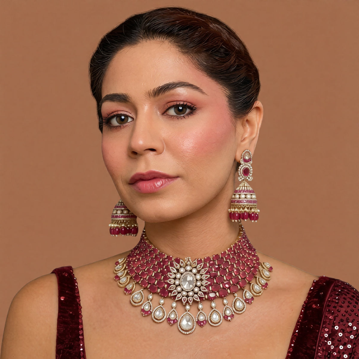 Antique gold Victorian bridal choker set with ruby-red oval stones, kundan floral centre and pear drops with matching ruby jhumka earrings on a white background
