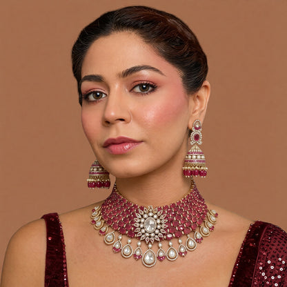 Antique gold Victorian bridal choker set with ruby-red oval stones, kundan floral centre and pear drops with matching ruby jhumka earrings on a white background