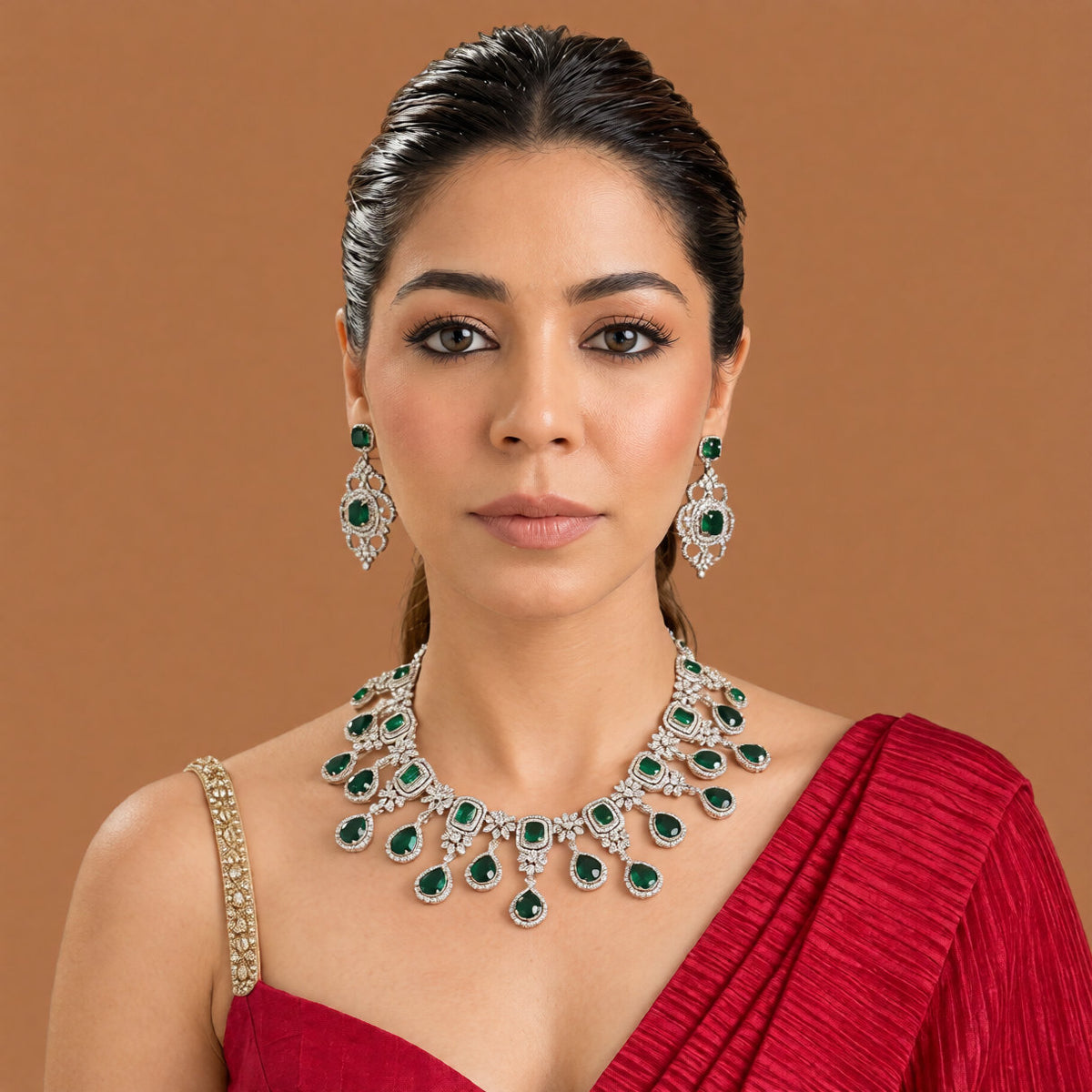 Silver finish American diamond choker necklace set with emerald green stones, pear drops, zircon flower motifs and matching scrollwork drop earrings – Auraa Trends