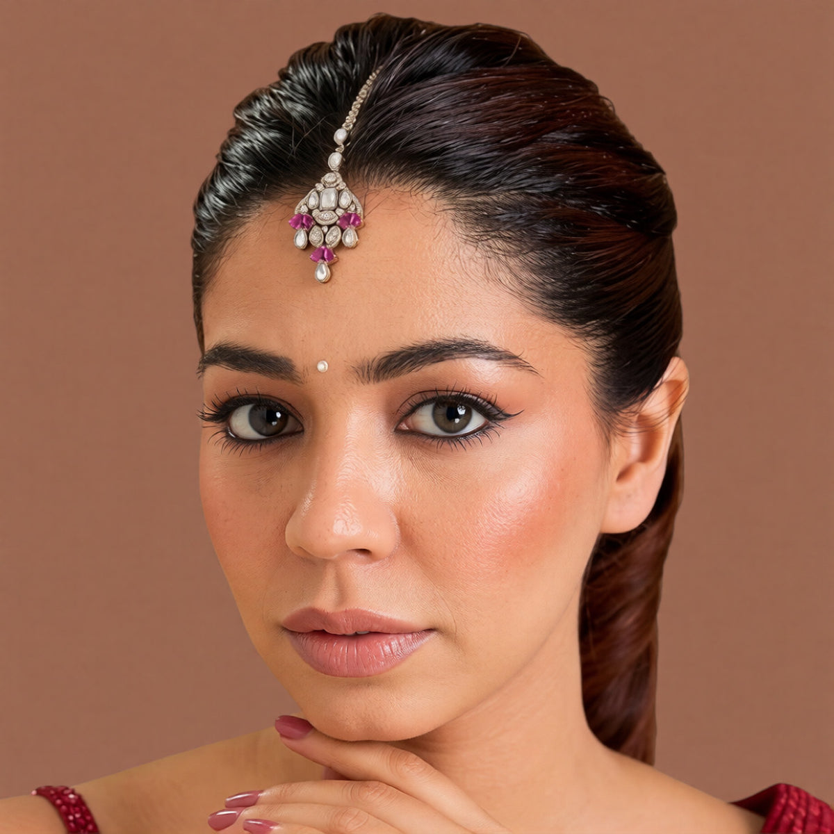 Gold finish Victorian kundan maang tikka with polki-style centre stone, ruby pink pear accents, American diamond detailing and double chain – Auraa Trends