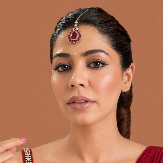 Gold finish American diamond maang tikka with ruby pink pear centre stone, pink marquise floral border, zircon accents and delicate chain – Auraa Trends