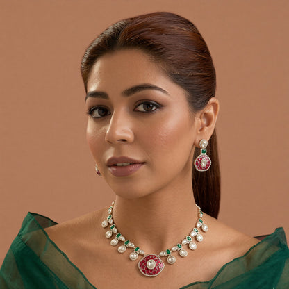 Pink and Green Kundan Choker Set with Earrings