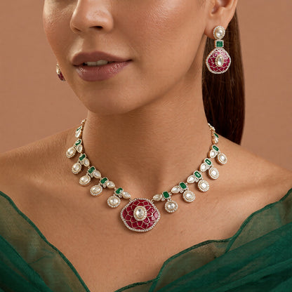Pink and Green Kundan Choker Set with Earrings