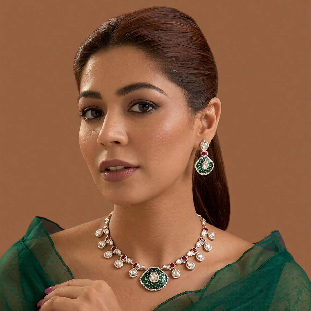 Gold finish kundan choker necklace set with green enamel lotus medallion, ruby red stones, polki-style drops and matching drop earrings – Auraa Trends