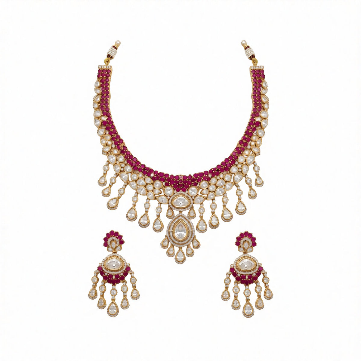 Gold kundan polki ruby red bridal choker necklace set with teardrop fringe and matching chandelier earrings by Auraa Trends