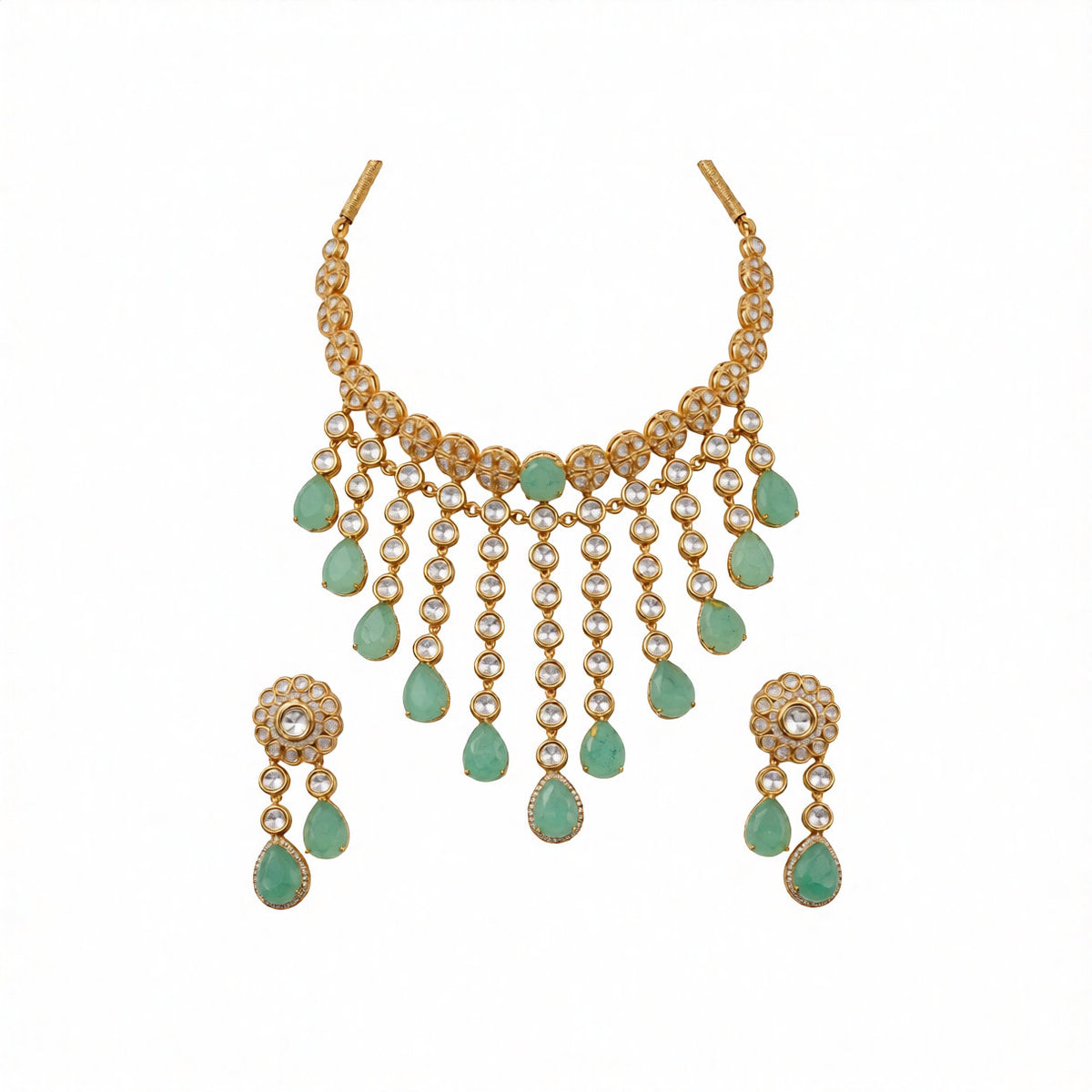 Gold kundan polki choker necklace set with mint green pear drops and matching floral earrings by Auraa Trends
