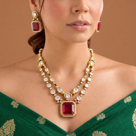 Gold kundan polki double strand necklace set with square ruby red pendant and matching earrings by Auraa Trends