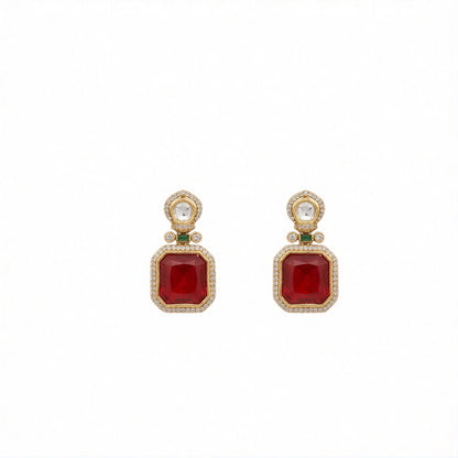 Gold kundan polki double strand necklace set with square ruby red pendant and matching earrings by Auraa Trends