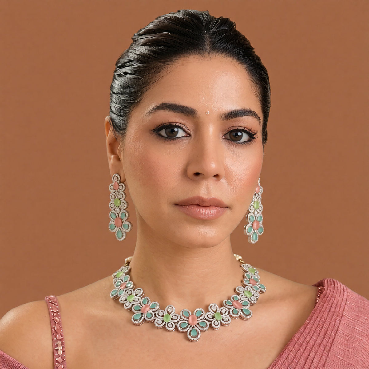 Silver-tone American diamond floral choker necklace set with coral-pink, light-green and mint stones and matching long drop earrings