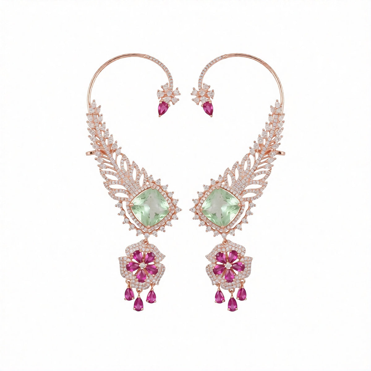 Rose gold American diamond ear cuff earrings with feather design, mint green cushion-cut stone and ruby pink flower drop