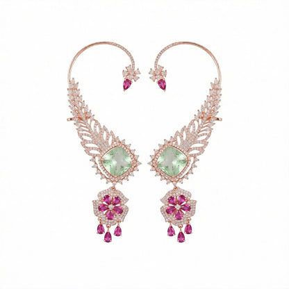 Rose gold American diamond ear cuff earrings with feather design, mint green cushion-cut stone and ruby pink flower drop