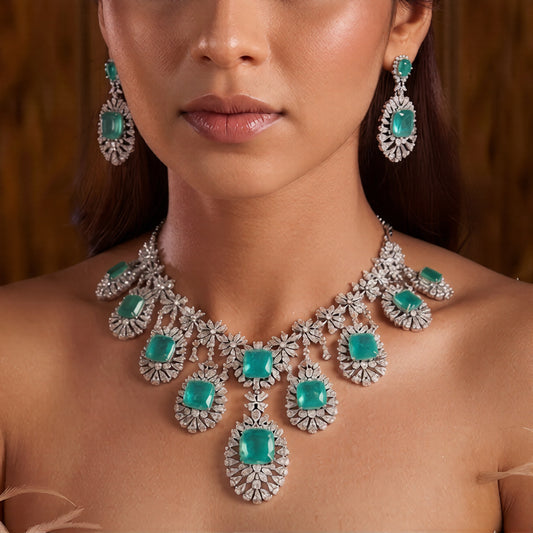 Emerald & American Diamond Studded Silver Multi-Tier Bridal Necklace Set with Earrings