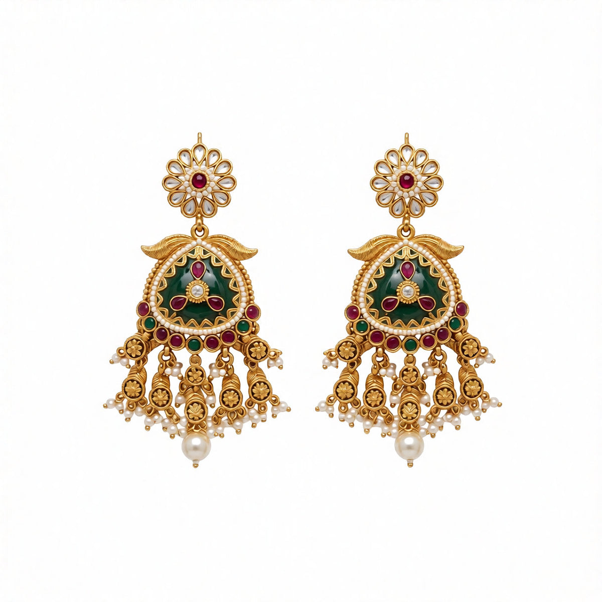 Antique matte gold temple necklace set with green triangular pendant, ruby pink stones, pearl drops and matching chandelier earrings on teal bust