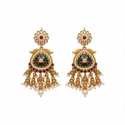 Antique matte gold temple necklace set with green triangular pendant, ruby pink stones, pearl drops and matching chandelier earrings on teal bust