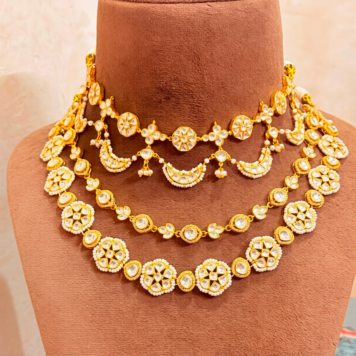 Pearl Edged Kundan Triple Layer Choker for Weddings