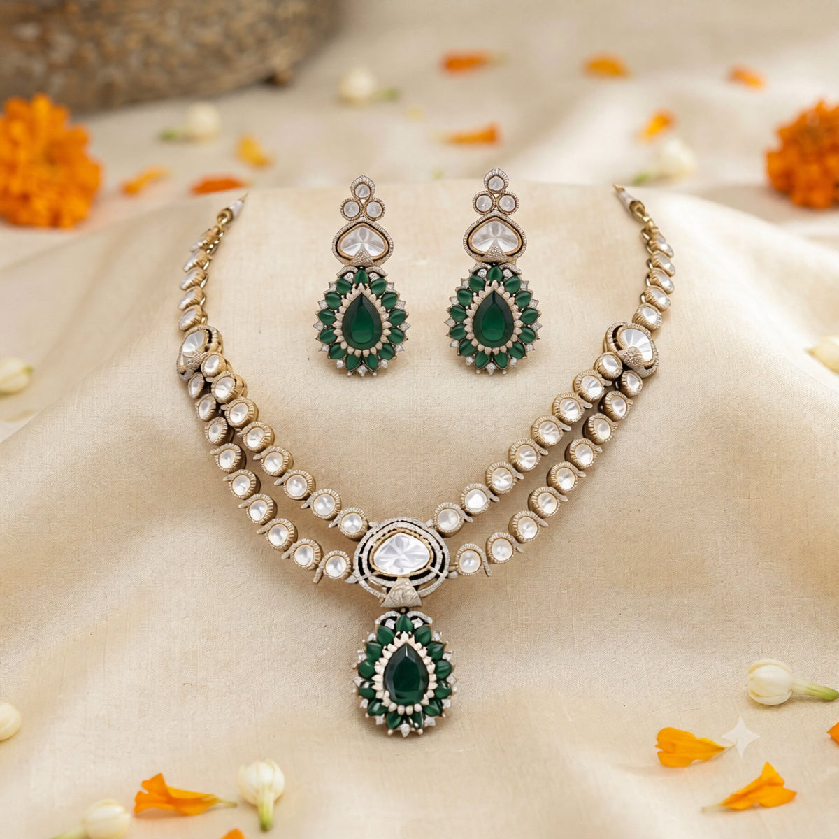 Antique gold two-strand polki kundan necklace with emerald green teardrop pendant on a display bust