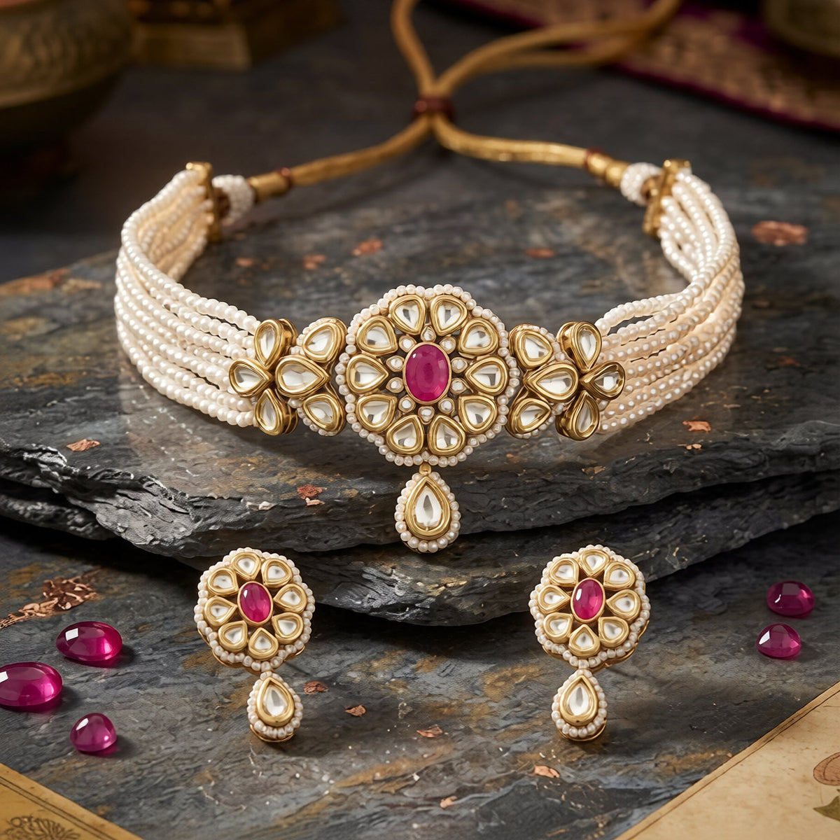 Gold-plated kundan pearl choker necklace set with five white pearl strands, ruby-pink floral centre medallion, teardrop pendant and matching stud earrings