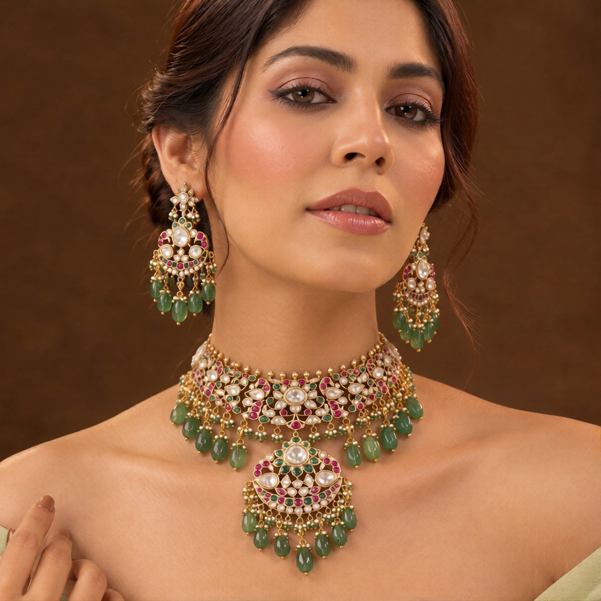 Antique gold jadau kundan polki bridal choker necklace set with ruby-pink and green stones, crescent pendant, mint green bead drops and matching chandbali earrings