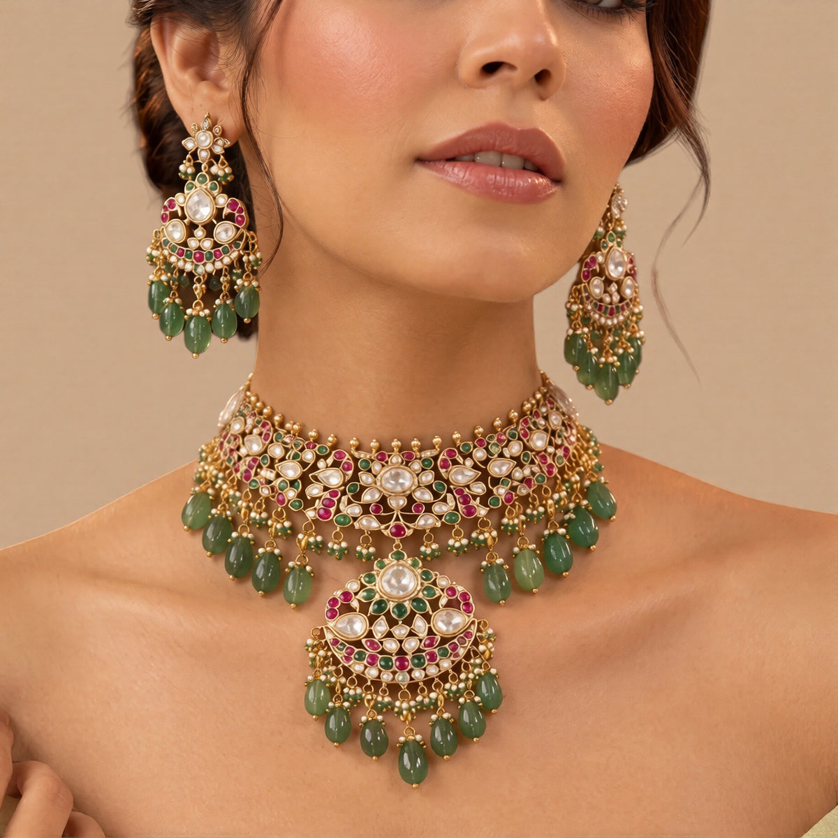 Antique gold jadau kundan polki bridal choker necklace set with ruby-pink and green stones, crescent pendant, mint green bead drops and matching chandbali earrings