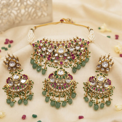 Antique gold jadau kundan polki bridal choker necklace set with ruby-pink and green stones, crescent pendant, mint green bead drops and matching chandbali earrings