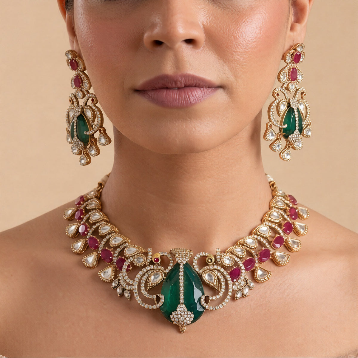 Gold-finish carved emerald peacock polki necklace set with ruby pink oval stones, zircon pavé scrollwork and matching long drop earrings