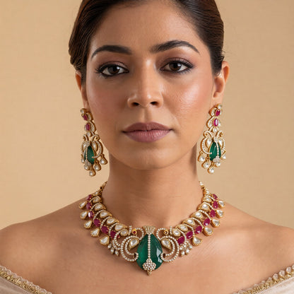Gold-finish carved emerald peacock polki necklace set with ruby pink oval stones, zircon pavé scrollwork and matching long drop earrings