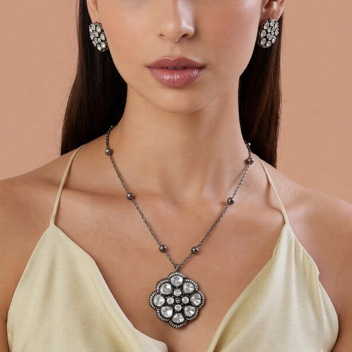 Oxidised Victorian kundan floral pendant necklace set with clear polki style stones, zircon border, bead chain and matching stud earrings