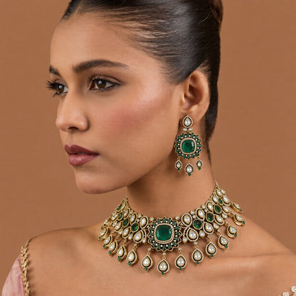 Antique gold emerald green kundan polki bridal choker necklace set with teardrop fringe and matching chandelier earrings