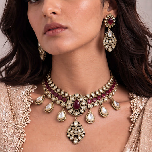 Gold-finish ruby red kundan polki bridal choker necklace set with teardrop polki drops, lattice pendant and matching earrings