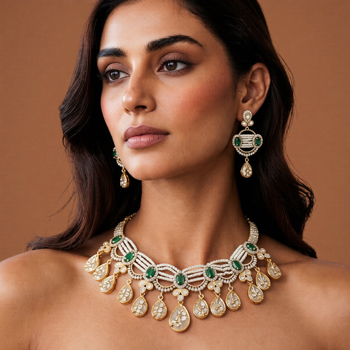 Gold-finish emerald green seed pearl kundan polki choker necklace set with teardrop drops and matching pearl drop earrings