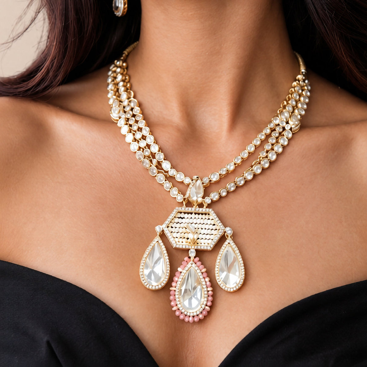 Rose gold kundan polki pendant necklace set with hexagon seed pearl pendant, pear-shaped polki drops and matching earrings