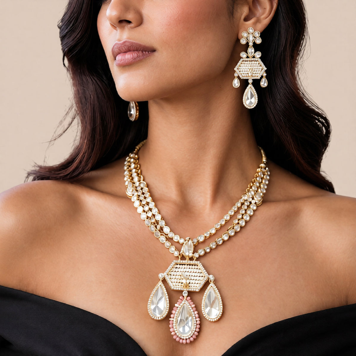 Rose gold kundan polki pendant necklace set with hexagon seed pearl pendant, pear-shaped polki drops and matching earrings