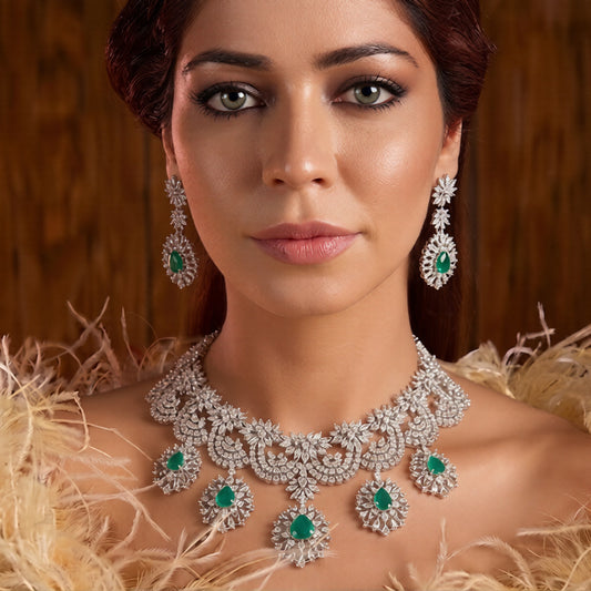 Emerald & American Diamond Studded Silver Bridal Necklace Set with Earrings