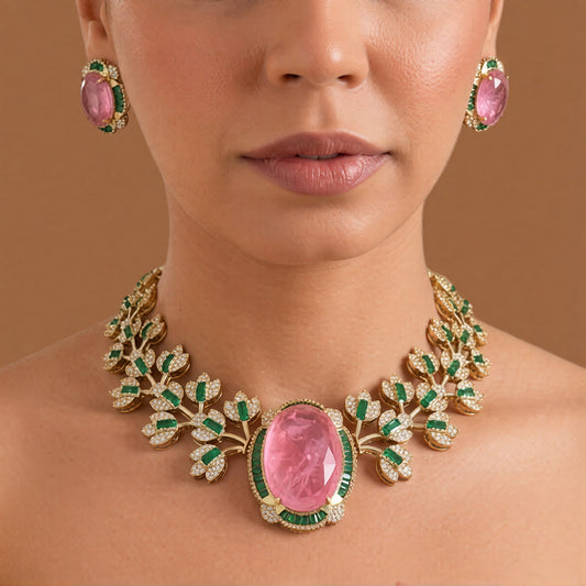 Pink and green zircon necklace and earring set with lotus bud design