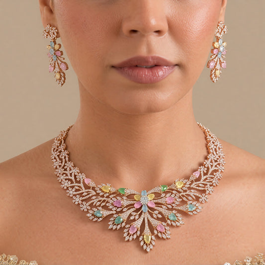 Rose gold American diamond necklace with pastel pink, yellow, green and aqua stones in a floral design