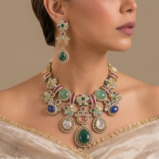 Antique gold Victorian multicolour necklace with carved emerald green teardrop and pearl edged drops