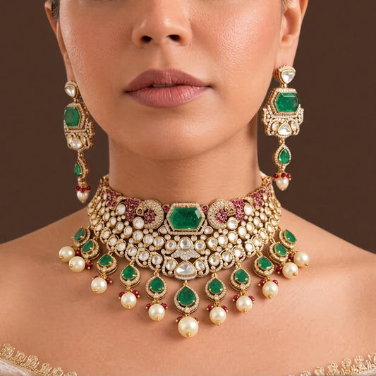 Gold finish kundan polki bridal choker with hexagon emerald stone, emerald teardrops and pearl drops
