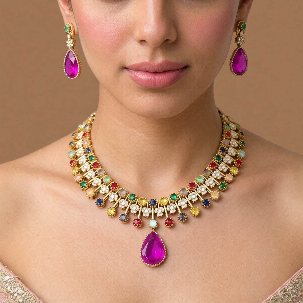 Antique gold navratna-style multicolour stone necklace set with large magenta pink pear pendant, zircon flower accents and matching pink drop earrings