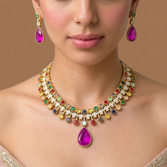 Antique gold navratna-style multicolour stone necklace set with large magenta pink pear pendant, zircon flower accents and matching pink drop earrings