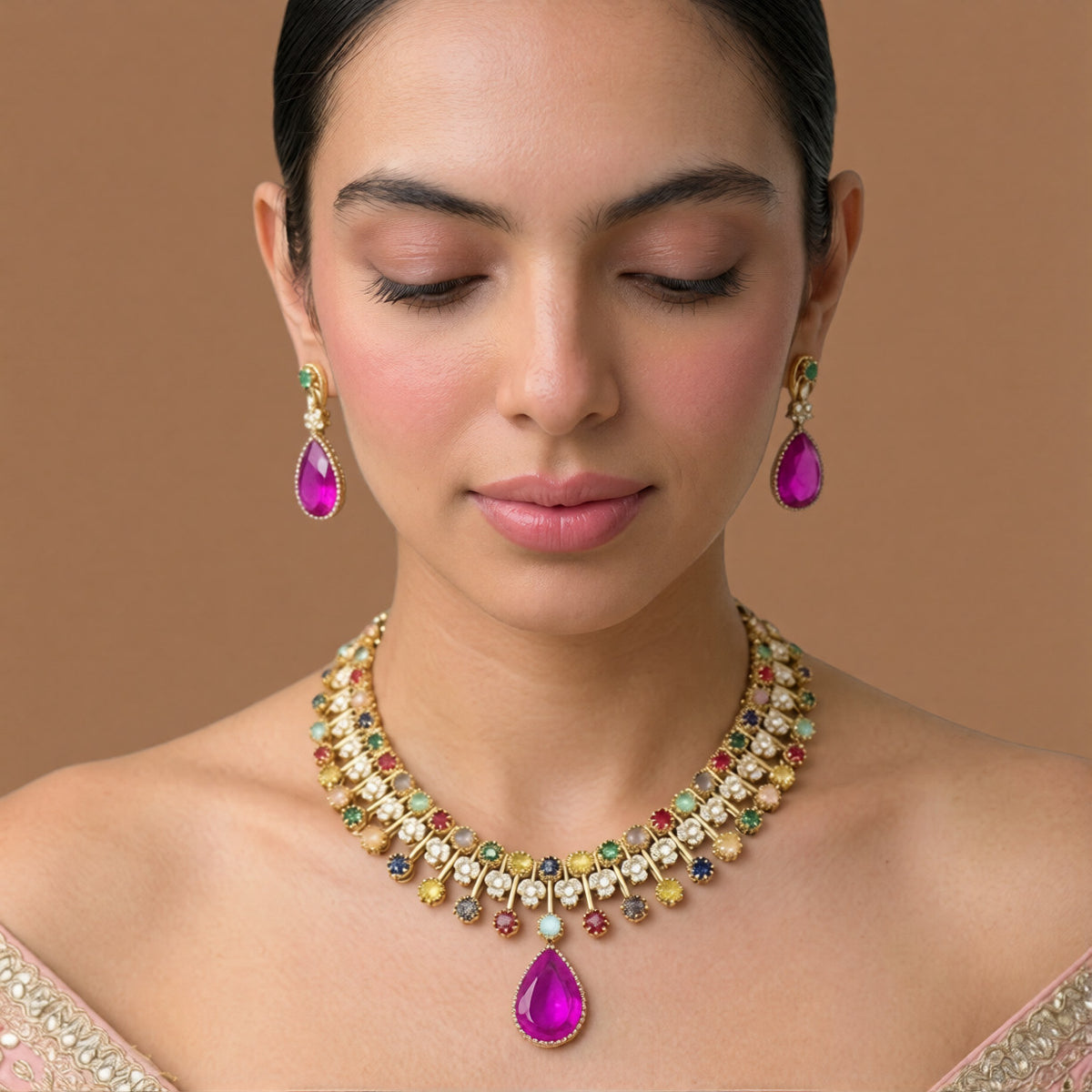 Antique gold navratna-style multicolour stone necklace set with large magenta pink pear pendant, zircon flower accents and matching pink drop earrings