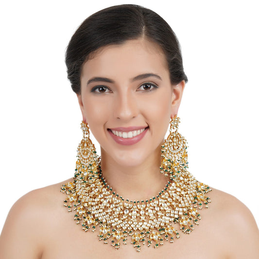 Imperial Kundan Necklace Set - Auraa Trends - Necklaces - Kundan Necklace Set Plated in 22KT Gold with Pearl and Green Onyx