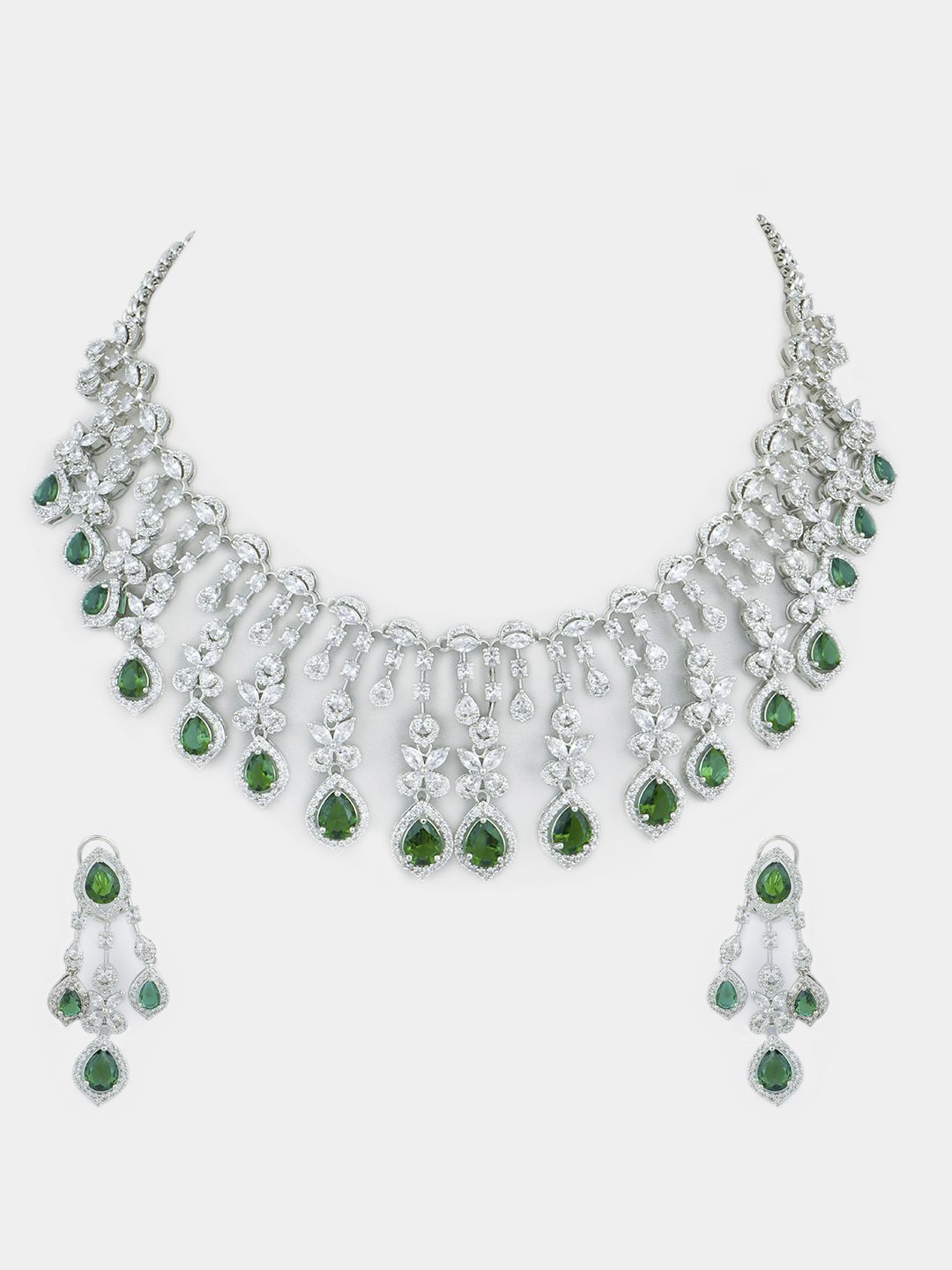 Imperial Rhodium Plated American Diamonte Necklace Set - Auraa Trends - AD - Rhodium Plated American Diamonte Necklace Set