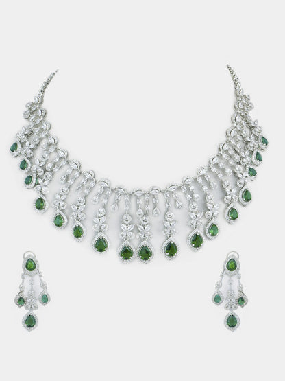 Imperial Rhodium Plated American Diamonte Necklace Set - Auraa Trends - AD - Rhodium Plated American Diamonte Necklace Set