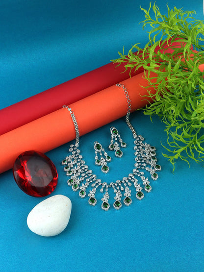 Imperial Rhodium Plated American Diamonte Necklace Set - Auraa Trends - AD - Imperial Rhodium Plated American Diamonte Set